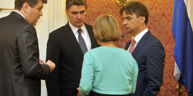 Zagreb, 170714.Markov trg.U Banskim dvorima odrzana je redovita sjednica Vlade RH.Na fotografiji: Boris Lalovac, Zoran Milanovic, Vesna Pusic i Branko Grcic.Foto: Bruno Konjevic / CROPIX