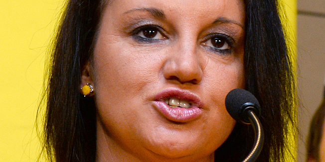 (FILES) A file photo taken on October 10, 2013 shows Australian Senator Jacqui Lambie of the Palmer United Party (PUP) speaking during a press conference in Sydney.  Lambie, who told breakfast radio she would only date men who were rich and 