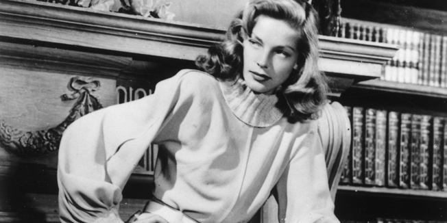 December 1946:  American actress Lauren Bacall wearing an all wool suit designed by Leah Rhodes.  (Photo by Keystone/Getty Images)