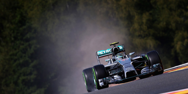 SPA, BELGIUM - AUGUST 23:  Nico Rosberg of Germany and Mercedes GP drives during final practice ahead of the Belgian Grand Prix at Circuit de Spa-Francorchamps on August 23, 2014 in Spa, Belgium.  (Photo by Clive Mason/Getty Images)