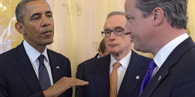 PETERSBURG, RUSSIA - SEPTEMBER 06:  In this handout image provided by Host Photo Agency, (L-R) Enrico Letta, President of the Italian Council of Ministers, U.S. President Barack Obama, Australian Minister for Foreign Affairs Bob Carr and British Prime Minister David Cameron attend the second working meeting of the G20 heads of state and government, heads of invited states and international organizations at the G20 Summit on September 6, 2013 in St. Petersburg, Russia. Leaders of the G20 nations made progress on tightening up on multinational company tax avoidance, but remain divided over the Syrian conflict as they enter the final day of the Russian summit. (Photo by Sergey Guneev/Host Photo Agency via Getty Images)