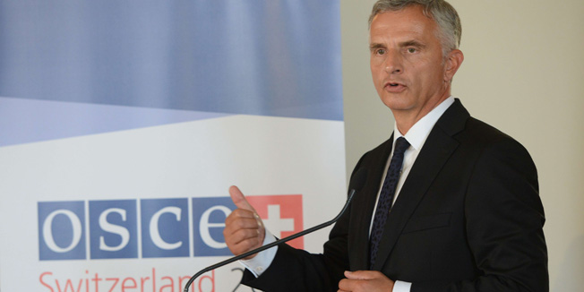 President of the Swiss Confederation and acting OSCE chairman Didier Burkhalter speaks during a press conference at the Organization for Security and Co-operation in Europe (OSCE) Economic and Enviromental Forum on September 10, 2014 in Prague. AFP PHOTO / MICHAL CIZEK