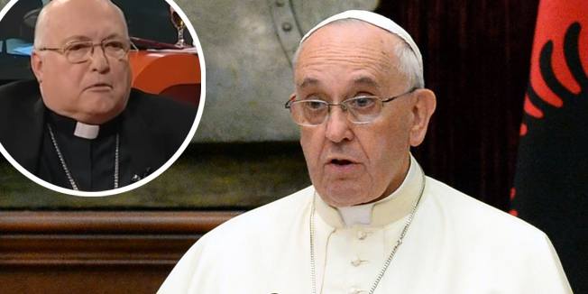 Pope Francis gives a speech during a welcoming ceremony in Tirana on September 21, 2014. The pontiff travels to Albania on September 21 for a packed one-day visit that will spotlight the country as a model of inter-religious harmony, amid turmoil in the Middle East and rising intolerance in Europe. AFP PHOTO /POOL/ CIRO FUSCO