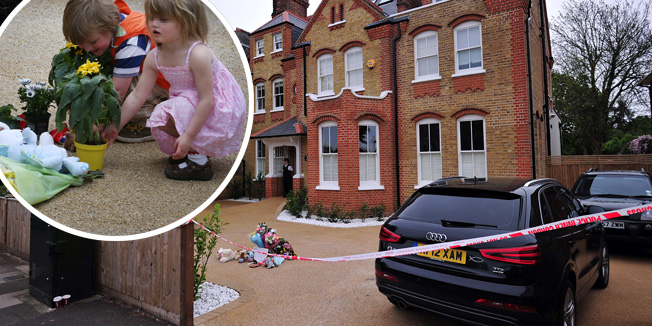 A police officers stands outside a house in New Malden, south London,  on April 23, 2014 after three children were found dead at the house on the previous day.  A South African woman has been arrested on suspicion of murder after her three disabled children were found dead at their London home, British police and media said. The Metropolitan Police said a 42-year-old woman was in custody after the bodies of a four-year-old girl and two three-year-old boys were found.  AFP PHOTO / CARL COURT