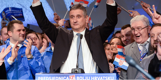 Zagreb, 110115.Slavonska avenija 6.Izborni stozer predsjednicke kandidatkinje Kolinde Grabar Kitarovic u Hypo centru slavi objavu rezultata izbora za predsjednika Republike Hrvatske.Kolinda Grabar Kitarovic nova je predsjednica Republike Hrvatske.Na fotografiji: Tomislav Karamarko.Foto: Goran Mehkek / CROPIX