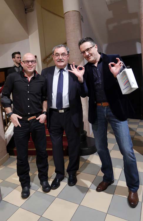 Zagreb, 120315.Kazaliste Kerempuh.Glumci kazalista Kerempuh proslavili 200. izvedbu predstave Spektakluk.Na fotografiji: Rene Bitorajac, Dusko Ljustina i Tarik Filipovic.Foto: Marko Todorov / CROPIX