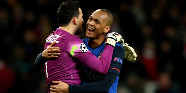 LONDON, ENGLAND - FEBRUARY 25:  Goalkeeper Danijel Subasic of Monaco and Fabinho of Monaco celebrate following their team's 3-1 victory during the UEFA Champions League round of 16, first leg match between Arsenal and Monaco at The Emirates Stadium on February 25, 2015 in London, United Kingdom.  (Photo by Clive Mason/Getty Images)