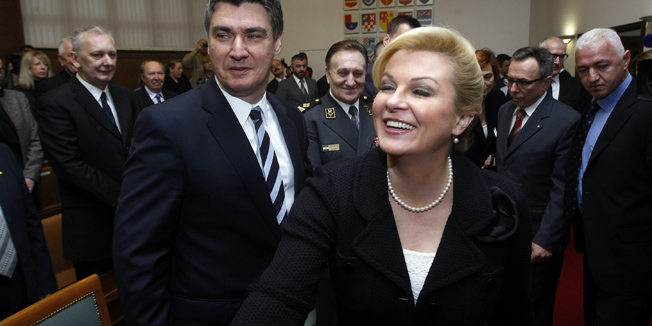 Zagreb, 310315.Sabor RH.Na svecanom obiljezavanju 6 godina clanstva Hrvatske u NATO savezu, prvi put nakon predsjednickih izbora, zajedno su se pojavili premijer Zoran Milanovic i predsjednica Kolinda Grabar Kitarovic.Na fotografiji: Zoran Milanovic - premijer RH, Kolinda Grabar Kitarovic - predsjednica RH.Foto: Tomislav Kristo / CROPIX