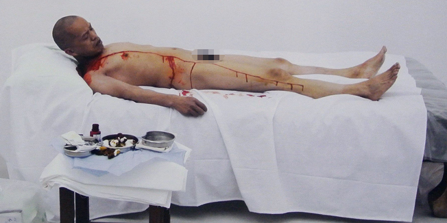 RESTRICTED TO EDITORIAL USE, MANDATORY MENTION OF THE ARTIST UPON PUBLICATION, TO ILLUSTRATE THE EVENT AS SPECIFIED IN THE CAPTIONTO GO WITH China-culture-art-offbeat,FEATURE by SEBASTIEN BLANCThis picture taken on April 18, 2014 shows a cat standing by a photo of Chinese artist He Yunchang performing his artwork 