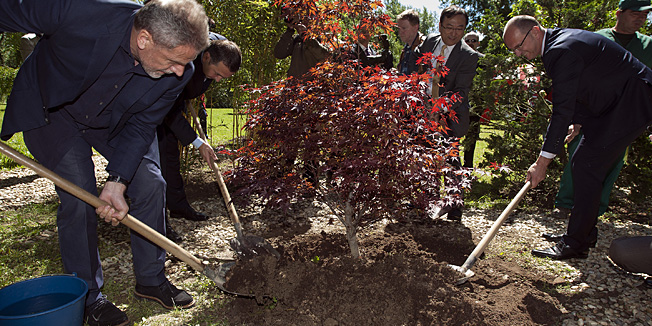 Zagreb, 120514.Jezero Bundek.Ceremonija sadnje sadnica Sekura tresanja i japanskog javora koje ce biti dijelom prvog japanskog vrta u Zagrebu. Na ceremoniji su nazocili gradonacelnik Milan Bandic, Keiji Ide Veleposlanik Japana u RH, Sinisa Trbojevic direktor Japan Tobacco International u HR, Kresimir Bago direktor tvrtke Toyota Croatia.Na fotografiji: Milan Bandic, Sinisa Trbojevic, Keiji Ide, Kresimir Bago.Foto: Davor Pongracic / CROPIX