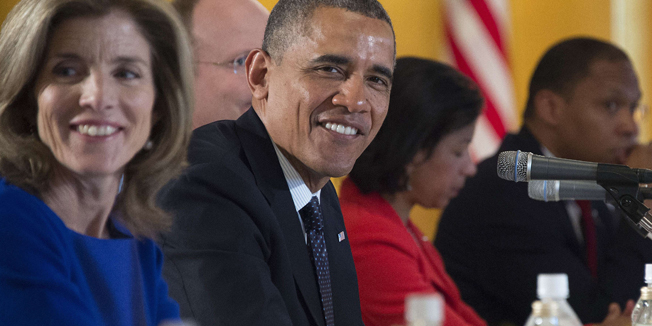 US President Barack Obama (2nd L) and US Ambassador to Japan Caroline Kennedy (L) smile during a bilateral meeting at the Akasaka Palace in Tokyo on April 24, 2014. Obama is on a week-long tour of Asia, which will also take in South Korea, the Philippines and Malaysia, and is being dubbed by the White House as a 