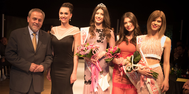 Zagreb, 230415.Lauba, Prilaz Baruna Filipovica 23.Odrzan izbor Miss Zagreba i Zagrebacke zupanije za izbor Miss Hrvatske u umjetnickoj galeriji Lauba.Na fotografiji: Milan Bandic, Antonija Gogic, aktualna Miss Hrvatske, Iva Butorac, Katarina Cavar i Iris Volf.Foto: Livio Andrijic / CROPIX