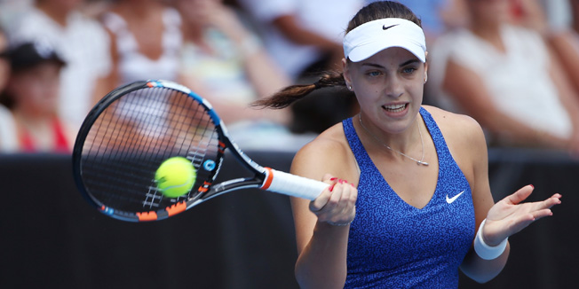 AUCKLAND, NEW ZEALAND - JANUARY 07:  Ana Konjuh of Croatia hits a forehand shot in her match against Elena Vesnina of Russia during day three of the 2015 ASB Classic at ASB Tennis Centre on January 7, 2015 in Auckland, New Zealand.  (Photo by Fiona Goodall/Getty Images)
