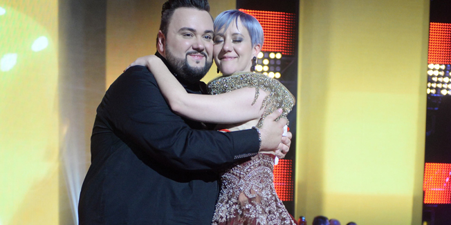 Zagreb, 250415.HTV, studio 10.U zavrsnoj emisija The Voice - Najljepsi glas Hrvatske od cetvero natjecatelja koji su se natjecali u finalu pobijedila je, odlukom gledatelja, Nina Kraljic.Na fotografiji: Zak Houdek, Nina Kraljic .Foto: Goran Mehkek / CROPIX *** Local Caption ***  Jure Brkljaca, Mateo Resman, Nina Kraljic i Marin Juric Cavro. 