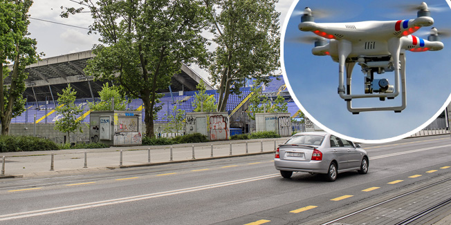 Zagreb, 170515. Stadion Maksimir.Pogled prema istocnoj tribini Dinamovog stadiona kroz drvece na koje je vjerojatno zapeo dron sa suzavcem, kojega je nepoznata navijacka skupina pokusala aktivirati za vrijeme derbija.Foto: Goran Mehkek / CROPIX