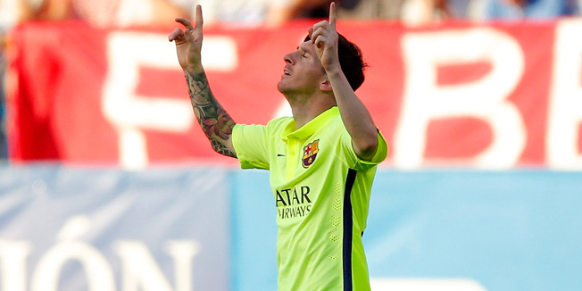 MADRID, SPAIN - MAY 17:  Lionel Messi of Barcelona celebrates as he scores their first goal during the La Liga match between Club Atletico de Madrid and FC Barcelona at Vicente Calderon Stadium on May 17, 2015 in Madrid, Spain.  (Photo by Gonzalo Arroyo Moreno/Getty Images)