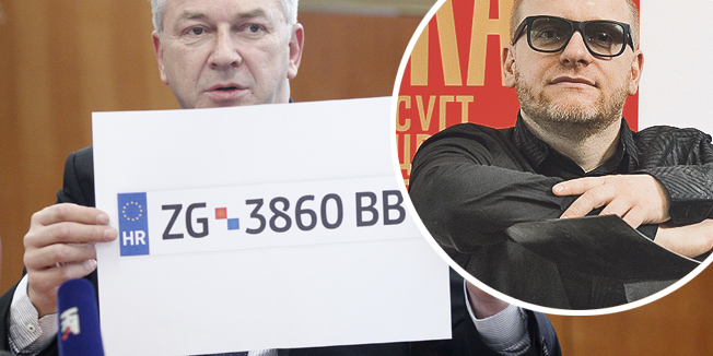 Zagreb, 050315.U Ministarstvu unutarnjih poslova odrzana je konferencija za medije o odabiru idejnih rjesenja za registracijske plocice u RH.Na fotografiji: ministar Ranko Ostojic pokazuje prvonagradjeno rjesenje.Foto: Dragan Matic / CROPIX