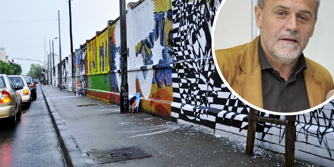 Zagreb, 120510.Branimirova ulica.Novoososlikani zid od strane umjetnika koji su pobjedili na natjecaju Muzeja ulicne umjetnosti. Kisa je otjerala umjetnike koji jos uvijek oslikavaju zid, a nekima je i prolila malo boje.Foto: Boris Kovacev / CROPIX