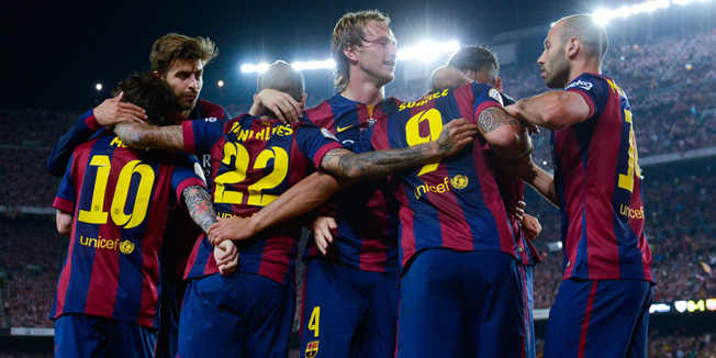 BARCELONA, SPAIN - MAY 30:  FC Barcelona players celebrate after Neymar of FC Barcelona scored his team's second goal during the Copa del Rey Final match between FC Barcelona and Athletic Club at Camp Nou on May 30, 2015 in Barcelona, Spain.  (Photo by David Ramos/Getty Images)