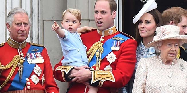 (L-R) Britain's Princess Anne, Princess Royal, Camilla, Duchess of Cornwall, Prince Charles, Prince of Wales, Prince William, Duke of Cambridge holding his son Prince George of Cambridge, Catherine, Duchess of Cambridge, Queen Elizabeth II, Prince Harry, Prince Andrew, Duke of York, James, Viscount Severn, Princess Beatrice of York, Prince Philip, Duke of Edinburgh and Princess Eugenie of York stand on the balcony of Buckingham Palace waiting to view the fly-past during the Queen's Birthday Parade, 'Trooping the Colour,' in London on June 13, 2015. The ceremony of Trooping the Colour is believed to have first been performed during the reign of King Charles II. In 1748, it was decided that the parade would be used to mark the official birthday of the Sovereign. More than 600 guardsmen and cavalry make up the parade, a celebration of the Sovereign's official birthday, although the Queen's actual birthday is on 21 April.  AFP PHOTO / BEN STANSALL