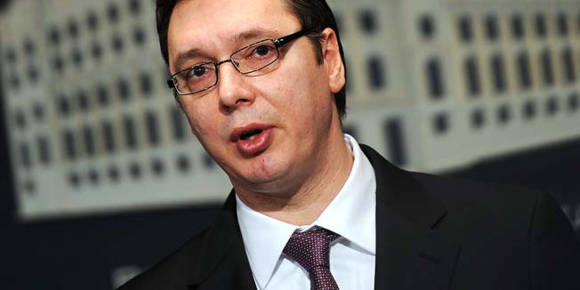 Serbia's deputy Prime minister Aleksandar Vucic speaks during a press conference on January 14, 2014 in Belgrade after Serbian police arrested two former intelligence officers suspected of involvement in the murder of journalist. Slavko Curuvija, a fierce critic of late strongman Slobodan Milosevic, was killed in front of his home in central Belgrade by unknown gunmen on the Orthodox Easter in April 1999, during NATO's bombing campaign against the former Yugoslavia over Kosovo.    AFP PHOTO / ANDREJ ISAKOVIC