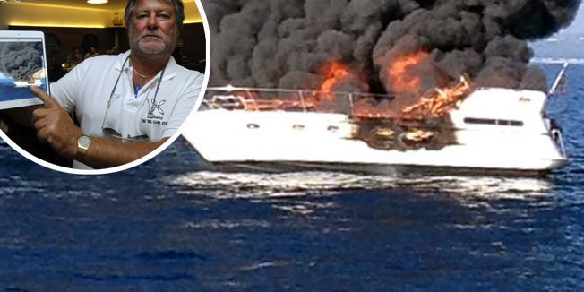 Premantura, 121014.Tri millje jugoistocno od rta Kamenjak u poslijepodnevnim satima upotpunitosti je izgorila dvanaest metara engleska jahta koje je vec duze vremena zimovala u marini Veruda. Na jahti je u trenutku pozara, koji je izbio iz masine, bilo dvoje ljudi koji su se spasili na splavi na napuhavanje. Vito Legovic koji je u trenutku pozara sudjelovao u lovu na tune spasio je brodolomce. Vito Legovic koji je u trenutku pozara sudjelovao u lovu na tune spasio je brodolomce i snimio je fotografiju goruce jahte.Foto: Vito Legovic / CROPIX          