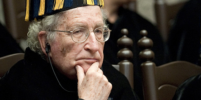 US linguist and scientist Noam Chomsky after receiving his Doctor Honoris Causa title  from the rector of the National Autonomus University of Mexico (UNAM in Spanish), Jose Narro (L), at the Palacio de Mineria, in Mexico City, on September 24, 2010. AFP PHOTO/Alfredo Estrella
