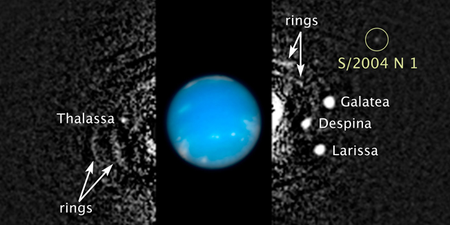 This composite Hubble Space Telescope picture shows the location of a newly discovered moon, designated S/2004 N 1, orbiting the giant planet Neptune, nearly 3 billion miles from Earth. A tiny new moon has been spotted circling Neptune, and is the 14th known to be orbiting the faraway planet, the US space agency said on July 15, 2013. The moon is the smallest ever glimpsed around Neptune and measures just about 12 miles across, based on observations from the Hubble Space telescope, NASA said. Neptune is the farthest planet from the Sun, and NASA said the moon, named S/2004 N1, is about 100 million times fainter than the dimmest star that can be seen with the naked eye. Astronomers found the moon by tracking a white dot that appeared repeatedly in more than 150 photos taken by Hubble from 2004 to 2009.Mark Showalter of the SETI Institute in Mountain View, California, found the moon July 1 by studying the faint arcs around Neptune, NASA said. 