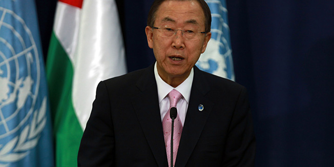 U.N. Secretary-General Ban Ki-moon speaks during a press conference with Palestinian President in the West Bank city of Ramallah on August 15, 2013. Ban Ki-moon urged Israelis and Palestinians to have 