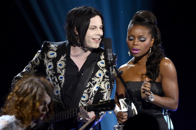 LOS ANGELES, CA - FEBRUARY 10: Musicians Jack White and Ruby Amanfu perform onstage at the 55th Annual GRAMMY Awards at Staples Center on February 10, 2013 in Los Angeles, California.   Kevork Djansezian/Getty Images/AFP