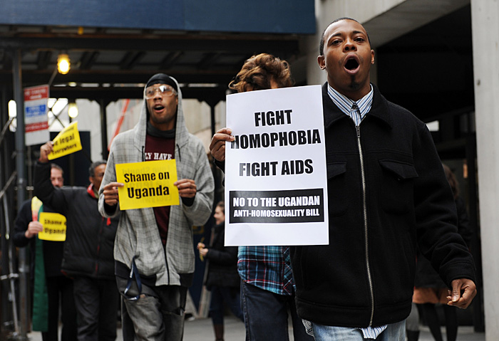 People join Sexual Minorities Uganda and a coalition of groups to protest against a proposed anti-homosexuality bill in Uganda November 19, 2009 in front of the Ugandan Mission to the United Nations in New York. AFP PHOTO/Stan Honda