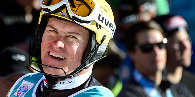 Croatia's Ivica Kostelic looks on at the arrival of the men's slalom race at the FIS Alpine Skiing World Cup on January 12, 2014 in Adelboden. Austrian Marcel Hirscher won the men's slalom at Adelboden, his third consecutive victory on the slope seeing him go atop the overall World Cup standings. AFP PHOTO / FABRICE COFFRINI