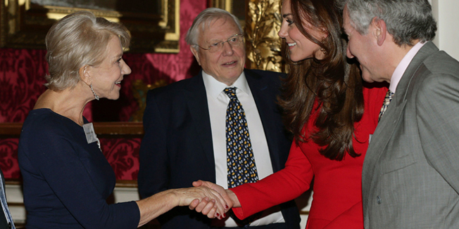 Britain's Catherine, Duchess of Cambridge (2nd R) meets British actress Helen Mirren (L) as television personality Sir David Attenborough (2nd L) looks on during a Reception for the Dramatic Arts, at Buckingham Palace in London, on February 17, 2014.  AFP PHOTO / YUI MOK/POOL