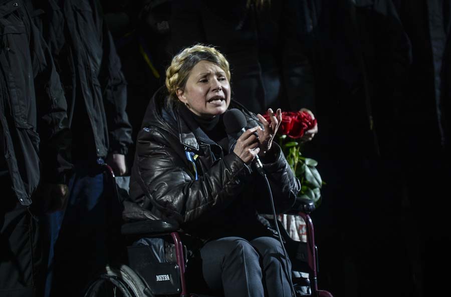 Newly freed Ukrainian opposition icon Yulia Tymoshenko speaks at Independence Square on February 22, 2014, moments after parliament voted to hold early presidential elections in May. Tymoshenko received a rapturous welcome on Independence Square. 