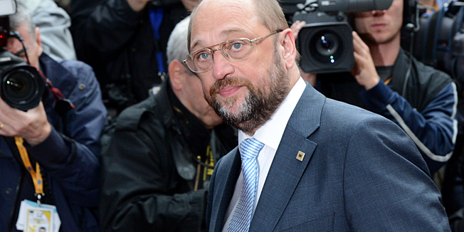 European Parliament President  Martin Schulz arrives for the European Council meeting at the EU headquarters in Brussels on June 27, 2013. European Commission President Jose Manuel Barroso announced a political deal on the EU's hotly contested 2014-2020 trillion-euro budget, hours before an EU summit mulls how to get millions of jobless youths back into the workplace.    AFP PHOTO / THIERRY CHARLIER