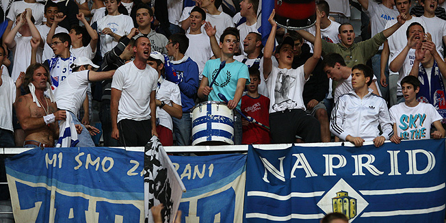 Zagreb, 180513.Dvorana Kresimira Cosica. Kosarkaska utakmica polufinala doigravanja za prvaka Hrvatske (1 utakmica) izmedju KK Zadar i KK Cedevita. Na fotografiji: navijaci Zadra Tornado.Foto: Jure Miskovic / CROPIX