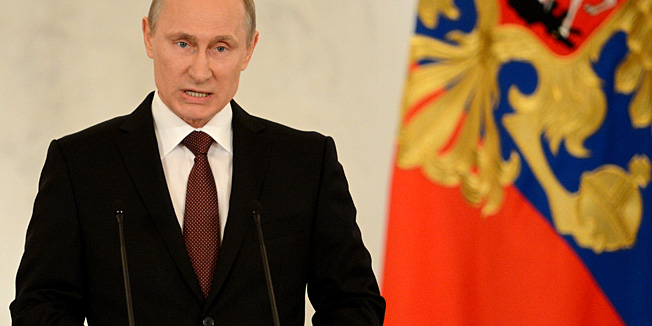 Russia's President Vladimir Putin addresses a joint session of Russian parliament on Crimea in the Kremlin in Moscow on March 18, 2014. AFP PHOTO/KIRILL KUDRYAVTSEV