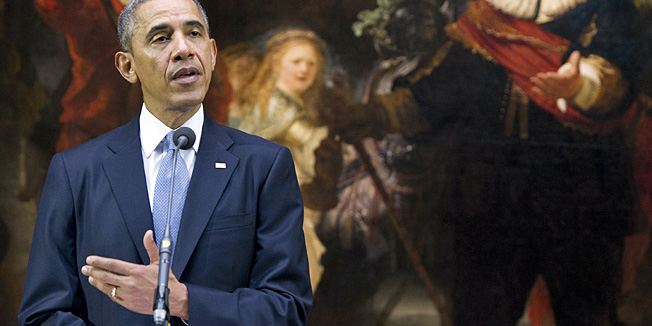US President Barack Obama speaks in front of Rembrandt's 