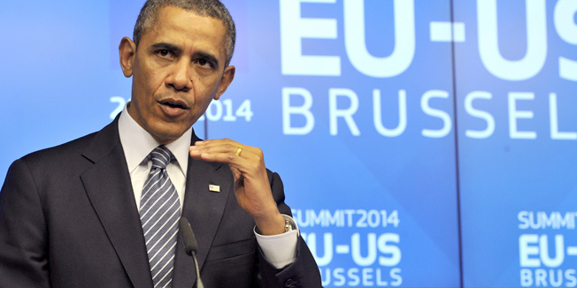 US President Barack Obama holds a press conference during the EU-US Summit at the European Headquarters in Brussels on March 26, 2014. Obama paid his first visit ever to the EU headquarters, cementing US-EU opposition to the takeover of Crimea after hitting out at Russian expansionism as a 