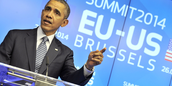 US President Barack Obama holds a press conference during the EU-US Summit at the European Headquarters in Brussels on March 26, 2014. Obama paid his first visit ever to the EU headquarters, cementing US-EU opposition to the takeover of Crimea after hitting out at Russian expansionism as a 