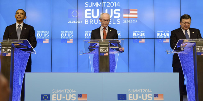(L-R) US President Barack Obama, European Council president Herman Van Rompuy and European Commission president Jose Manuel Barroso hold a joint press conference during the EU-US Summit at the European Headquarters in Brussels on March 26, 2014. Obama paid his first visit ever to the EU headquarters, cementing US-EU opposition to the takeover of Crimea after hitting out at Russian expansionism as a 