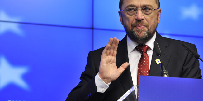 European Parliament President Martin Schulz speaks at a press conference during a European Union summit at the EU headquarters on January 30, 2012 in Brussels. European Union leaders opened their first summit of 2012 today, overshadowed by a new row over how to save Greece after Germany suggested placing the country's budget under EU control. The meeting of 27 EU heads of state and government is mainly aimed at finalising a new pact to toughen budget discipline and finding ways to jumpstart growth and create jobs as recession looms large over Europe. AFP PHOTO / GEORGES GOBET