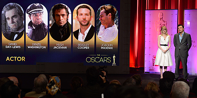 The Oscar nominees for Best Actor are announced by  Seth MacFarlane and Emma Stone at the Samuel Goldwyn Theater  on January 10, 2013 in Beverly Hills, California. Steven Spielberg is hoping for good news Thursday as Oscar nominees are unveiled, with his 