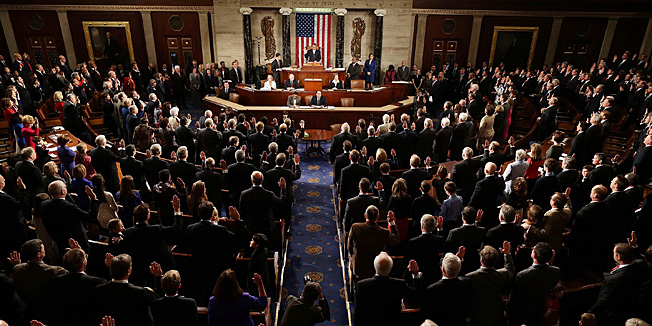 WASHINGTON, DC - JANUARY 03: Speaker of the House John Boehner (R-OH) swears in the newly elected members of the first session of the 113th Congress in the House Chambers January 3, 2013 in Washington, DC. House Speaker Boehner was re-elected as Speaker and presided over the swearing in of the newly elected members of the 113th Congress.  (Photo by Mark Wilson/Getty Images)