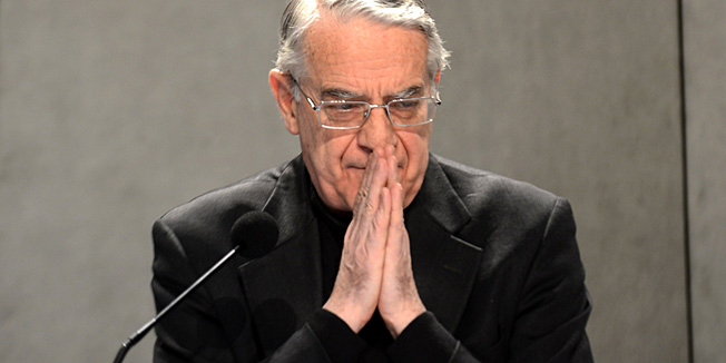 Vatican spokesman Federico Lombardi takes place for a press conference after the announce of the resignation of the pontif on February 11, 2013 at the Vatican. Pope Benedict XVI announced Monday he will resign as leader of the world's 1.1 billion Catholics on February 28 because his age prevented him from carrying out his duties -- an unprecedented move in the modern history of the Catholic Church. AFP PHOTO / ANDREAS SOLARO