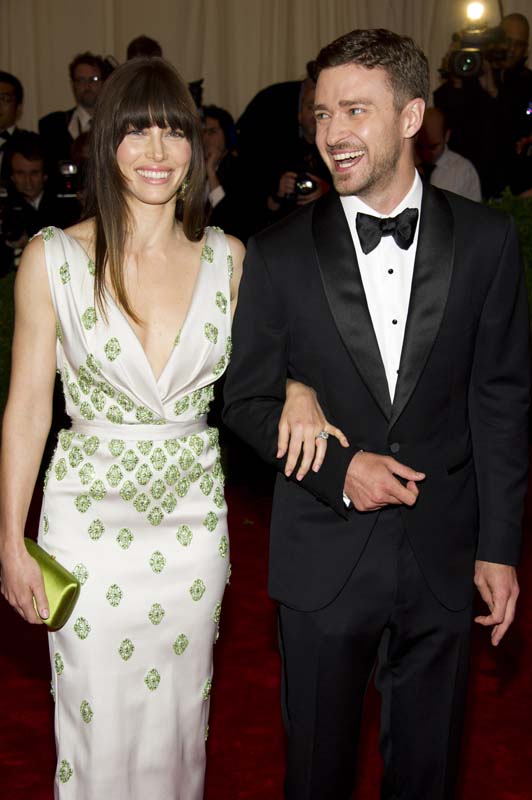 Jessica Biel and Justin Timberlake arrive at the Metropolitan Museum of Art Costume Institute gala benefit, celebrating Elsa Schiaparelli and Miuccia Prada, Monday, May 7, 2012 in New York. (AP Photo/Charles Sykes)