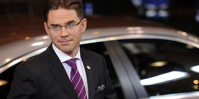 FILE - In this Dec. 8, 2011 file photo, Finland's Prime Minister Jyrki Tapani Katainen arrives for an EU summit in Brussels. A government spokesman said Monday, Oct. 22, 2012 that security guards stopped a knife-wielding man from stabbing Katainen while he was campaigning for municipal elections. (AP Photo/Geert Vanden Wijngaert, File)