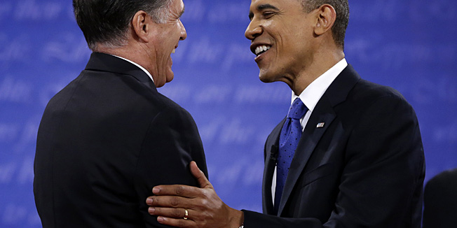 President Barack Obama, right, and Republican presidential nominee Mitt Romney shakes hands following their third presidential debate at Lynn University, Monday, Oct. 22, 2012, in Boca Raton, Fla. (AP Photo/David Goldman) 