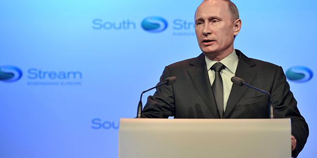 Russian President Vladimir Putin speaks at a launching ceremony of the construction of South Stream pipeline in the Black Sea resort of Anapa, southern Russia, Friday, Dec. 7, 2012. After years of delays and negotiations, Russian gas company Gazprom on Friday formally started construction of its Europe-bound South Stream pipeline, key to its strategy of eliminating shipping risks by bypassing transit nations like Ukraine. (AP Photo/RIA-Novosti, Alexei Nikolsky, Presidential Press Service)