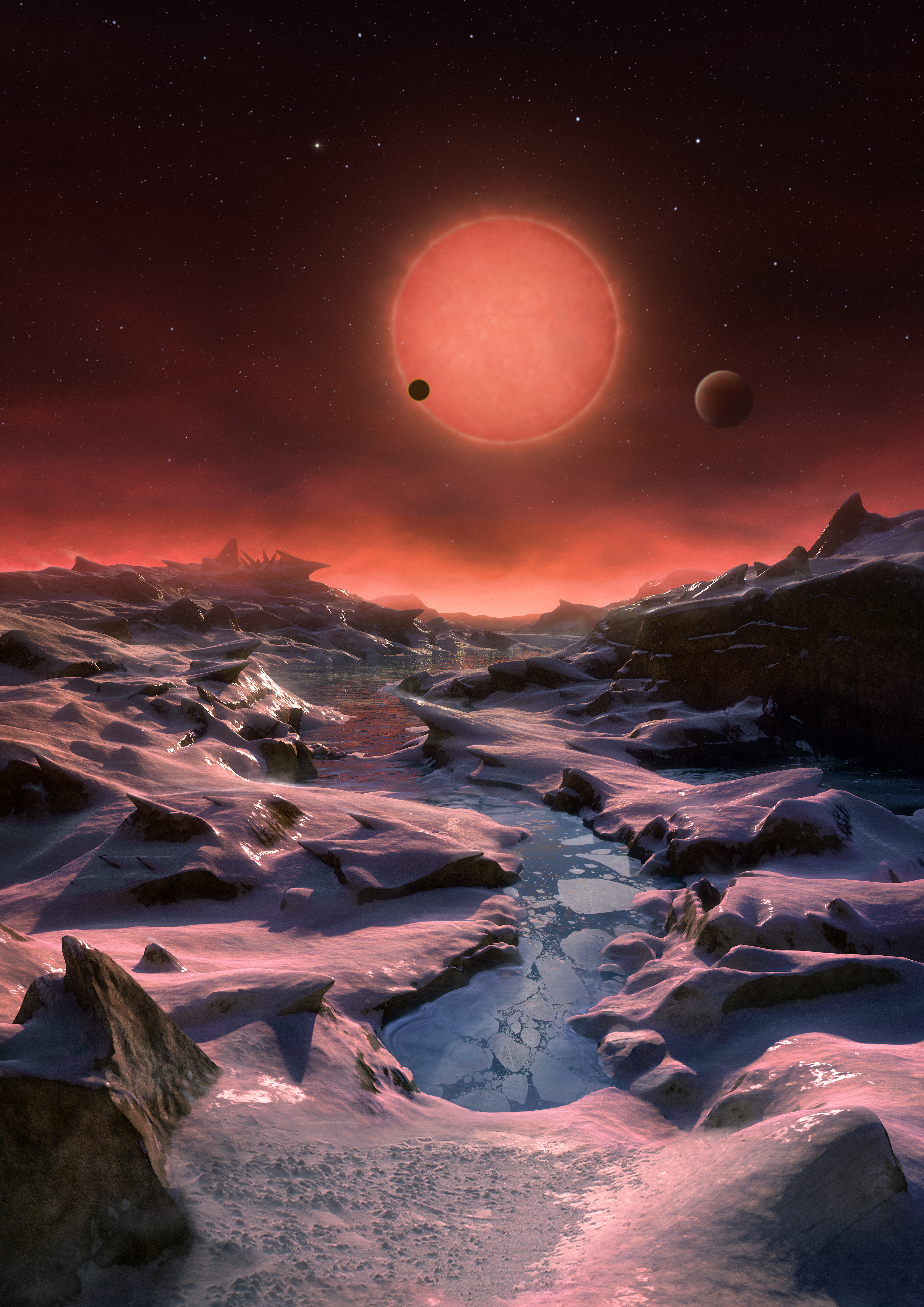 Ilustracija pogleda na zvijezdu Trappist-1 s jednog od planeta koji se nalaze u njezinoj orbiti